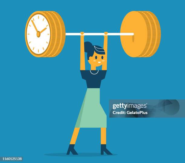 stockillustraties, clipart, cartoons en iconen met tijd is geld, gewichtheffen-zakenvrouw - deadlift