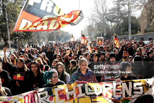 Thousands of people take to the streets in the annual NAIDOC march on July 05, 2019 in Melbourne, Australia. The march marks the start of NAIDOC...