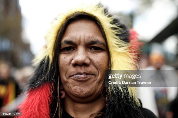 Woman takes part in the annual NAIDOC march on July 05, 2019 in Melbourne, Australia. The march marks the start of NAIDOC Week, which runs in the...