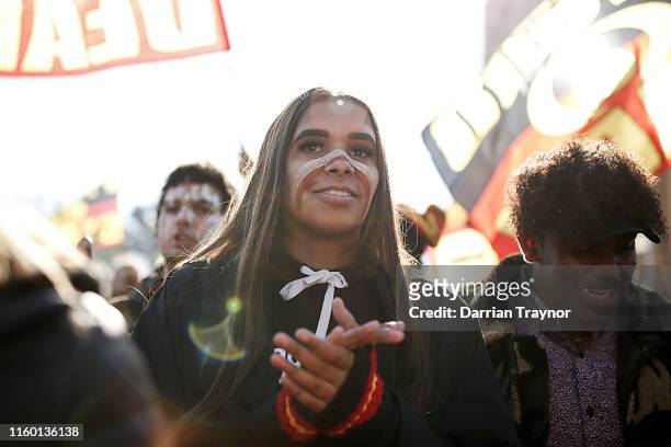 Woman takes part in the annual NAIDOC march on July 05, 2019 in Melbourne, Australia. The march marks the start of NAIDOC Week, which runs in the...