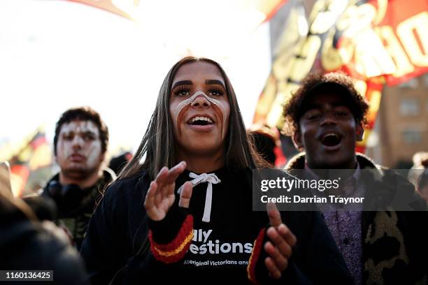 Woman takes part in the annual NAIDOC march on July 05, 2019 in Melbourne, Australia. The march marks the start of NAIDOC Week, which runs in the...