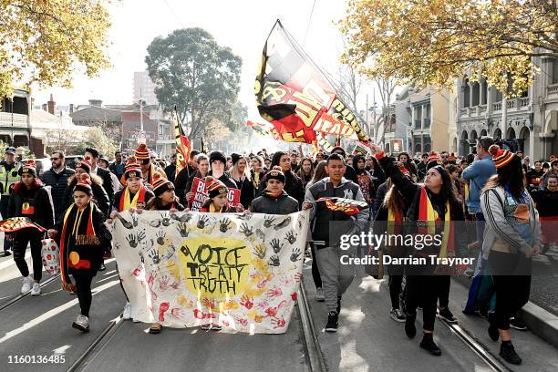 Thousands of people take to the streets in the annual NAIDOC march on July 05, 2019 in Melbourne, Australia. The march marks the start of NAIDOC...