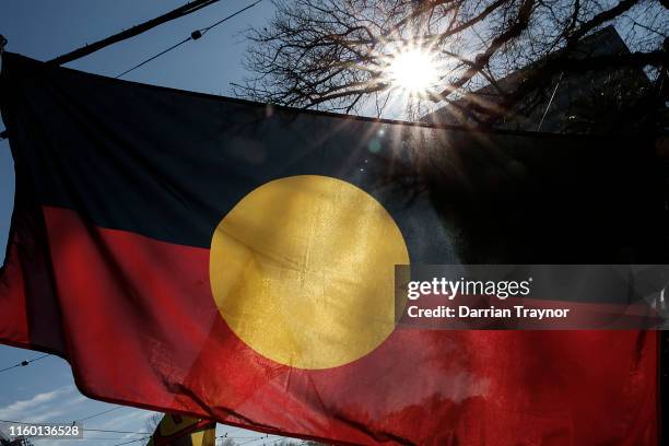 The Indigenous Flag is seen flying during the NAIDOC March. Debate has begun around who owns the Indigenous Flag and who can use it under copyright...