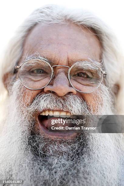 Uncle Jack Charles is seen at Federation Square on July 05, 2019 in Melbourne, Australia at the end on the NAIDOC march. The march marks the start of...