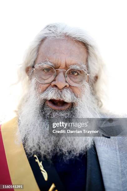 Uncle Jack Charles is seen at Federation Square on July 05, 2019 in Melbourne, Australia at the end on the NAIDOC march. The march marks the start of...