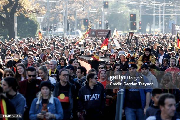 Thousands of people take to the streets in the annual NAIDOC march on July 05, 2019 in Melbourne, Australia. The march marks the start of NAIDOC...