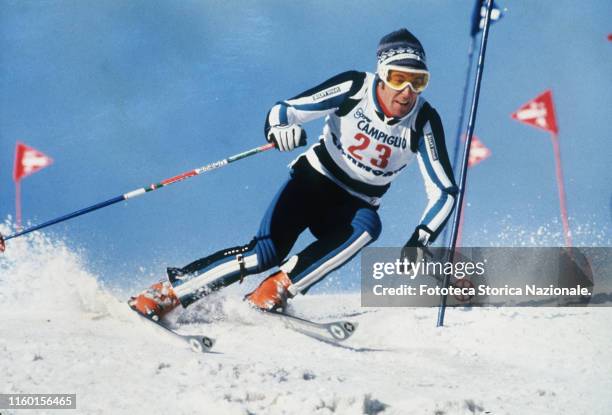 Gustav Thoeni, Italian champion of ski, portrayed during a race. Among his numerous victories: Sapporo Winter Olympics 1972: Gold in the Giant...