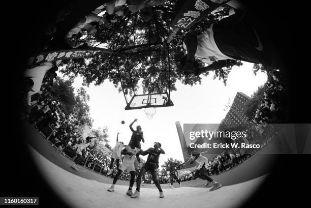 High School Basketball: NY vs NY Streetball Tournament: Fisheye view of action during tournament at Monsignor Kett Playground in Dyckman Park. New...