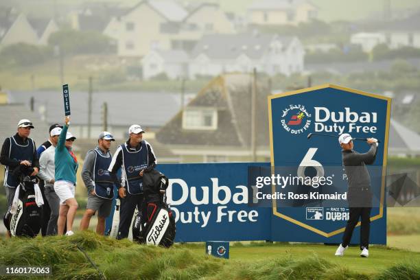 Justin Harding of South Africa plays his tee shot on the sixth hole during Day Two of the Dubai Duty Free Irish Open at Lahinch Golf Club on July 05,...