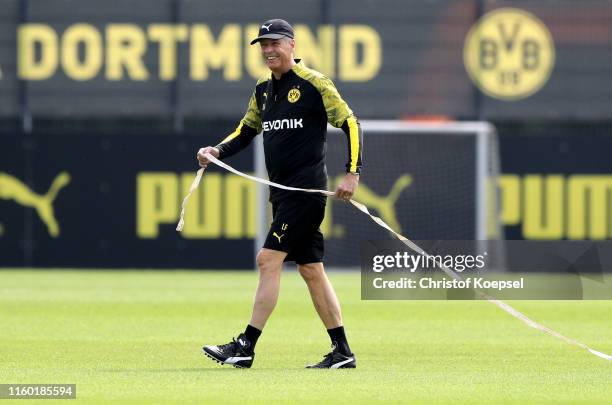 Head coach Lucien Favre looks on during a Borussia Dortmund training session at Training Ground Brackel on July 05, 2019 in Dortmund, Germany. The...