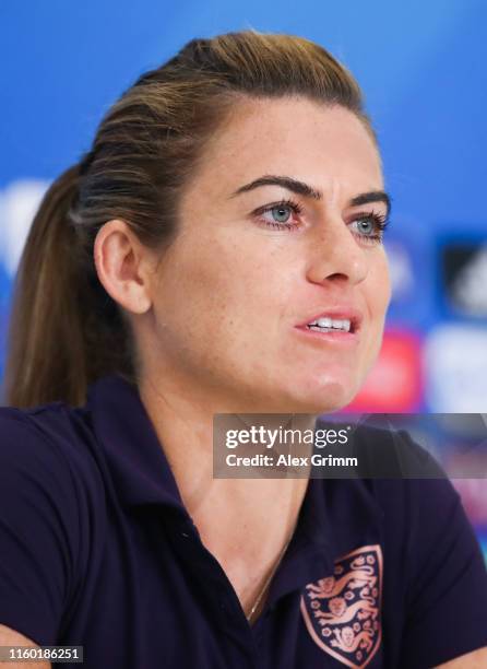 Karen Carney talks to the media during a England press conference during teh FIFA Women's World Cup France 2019 at Stade de Nice on July 05, 2019 in...