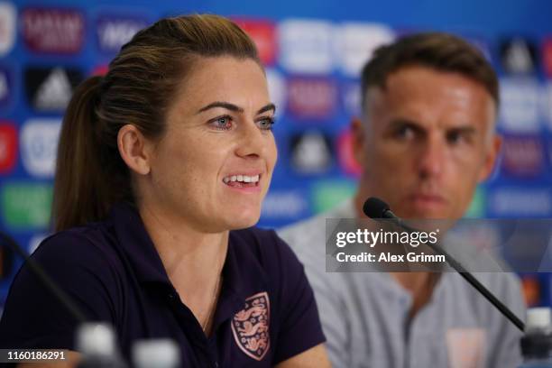 Karen Carney talks to the media during a England press conference during teh FIFA Women's World Cup France 2019 at Stade de Nice on July 05, 2019 in...