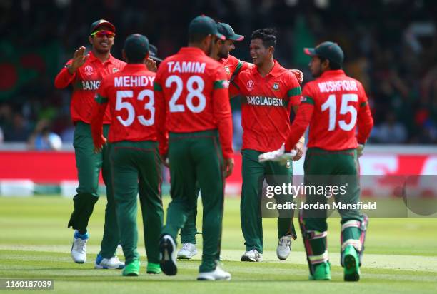 Mohammad Saifuddin of Bangladesh celebrates after taking the wicket of Fakhar Zaman of Pakistan during the Group Stage match of the ICC Cricket World...