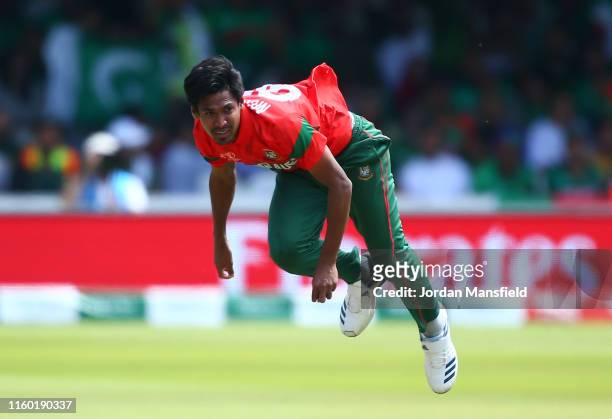 Mustafizur Rahman of Bangladesh bowls during the Group Stage match of the ICC Cricket World Cup 2019 between Pakistan and Bangladesh at Lords on July...