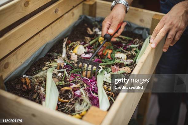 making compost from leftovers - compost stock pictures, royalty-free photos & images