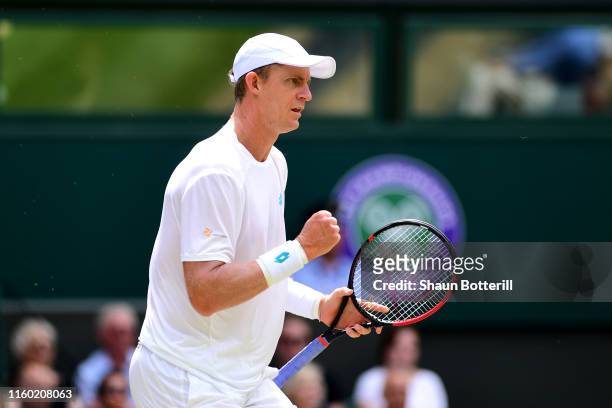 Kevin Anderson of South Africa celebrates in his Men's Singles third round match against Guido Pella of Argentina during Day five of The...