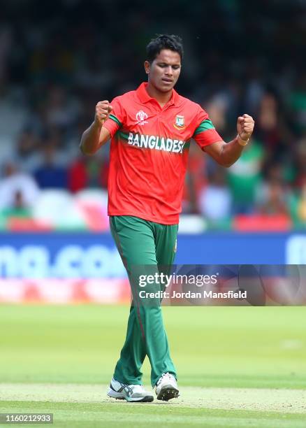 Mohammad Saifuddin of Bangladesh celebrates after taking the wicket of Wahab Riaz of Pakistan during the Group Stage match of the ICC Cricket World...