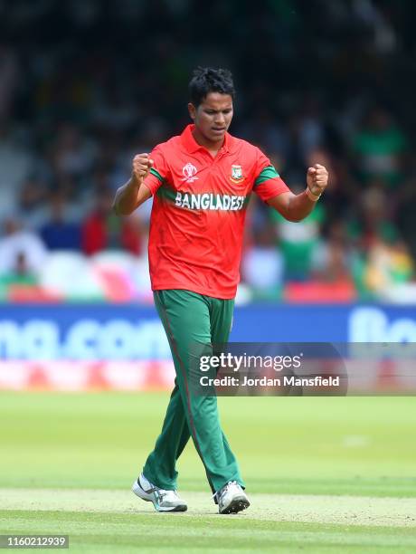 Mohammad Saifuddin of Bangladesh celebrates after taking the wicket of Wahab Riaz of Pakistan during the Group Stage match of the ICC Cricket World...