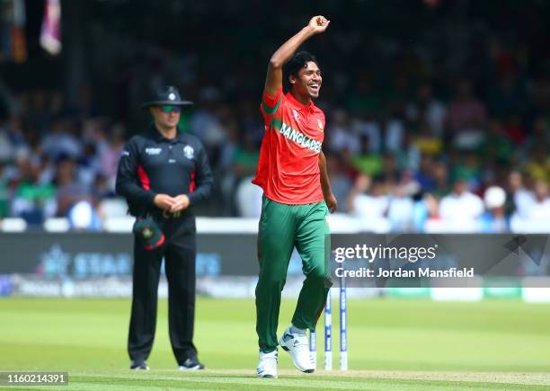 Mustafizur Rahman of Bangladesh celebrates after taking the wicket of Mohammad Amir of Pakistan during the Group Stage match of the ICC Cricket World...