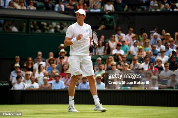 Kevin Anderson of South Africa celebrates in his Men's Singles third round match against Guido Pella of Argentina during Day five of The...