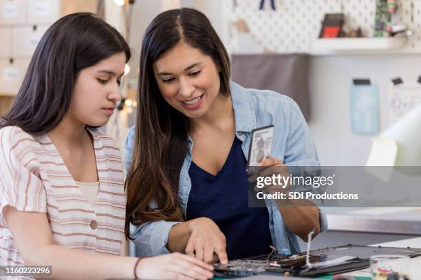 mid adult mom shows daughter how to reassemble laptop - indian aunt stock pictures, royalty-free photos & images