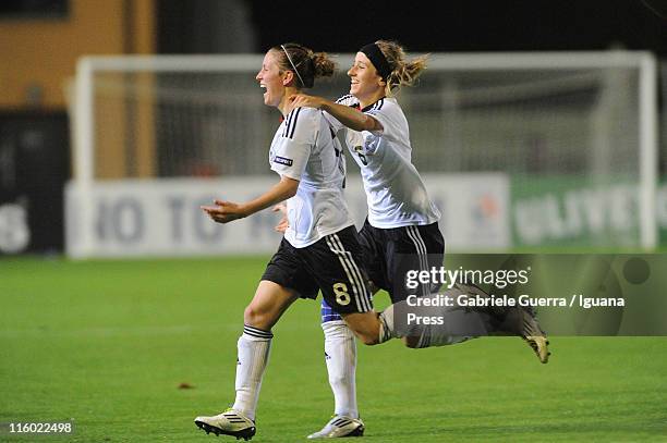 Kathrin Julia Hendrch and Isabella Schmid of Germany celebrates during final match of Women's Under 19 European Football Championship between Germany...