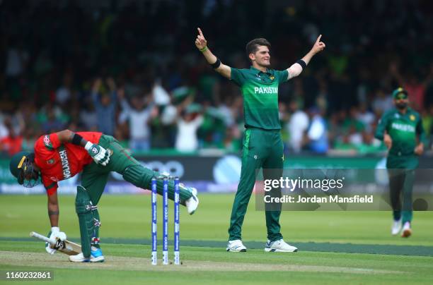 Shaheen Afridi of Pakistan celebrates the wicket of Liton Das of Bangladesh during the Group Stage match of the ICC Cricket World Cup 2019 between...