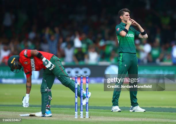 Shaheen Afridi of Pakistan celebrates the wicket of Liton Das of Bangladesh during the Group Stage match of the ICC Cricket World Cup 2019 between...