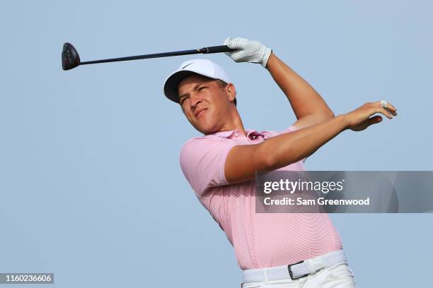 Cameron Champ of the United States plays his shot from the fifth tee during the second round of the 3M Open at TPC Twin Cities on July 05, 2019 in...