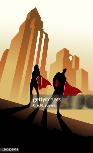 ilustrações, clipart, desenhos animados e ícones de silhueta retro dos pares do super-herói do vetor no fundo da cidade - vista inclinada