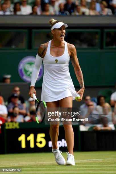 Polona Hercog of Slovenia celebrates in her Ladies' Singles third round match against Cori Gauff of The United States during Day five of The...