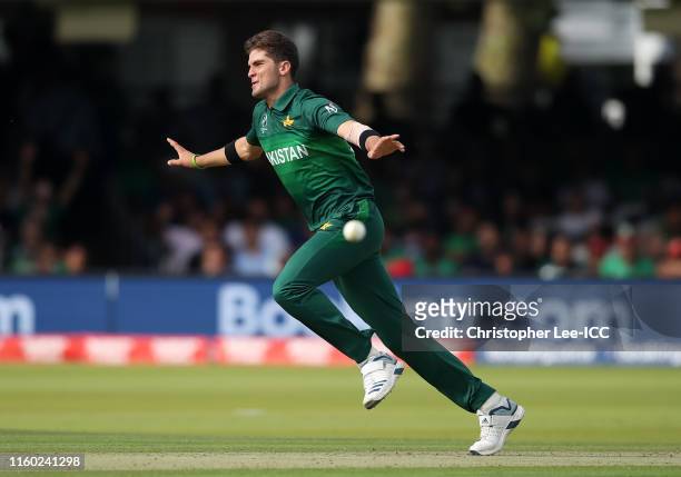 Shaheen Afridi of Pakistan celebrates after taking the wicket of Mahmudullah of Bangladesh, his fifth wicket during the Group Stage match of the ICC...