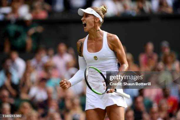 Polona Hercog of Slovenia celebrates in her Ladies' Singles third round match against Cori Gauff of The United States during Day five of The...