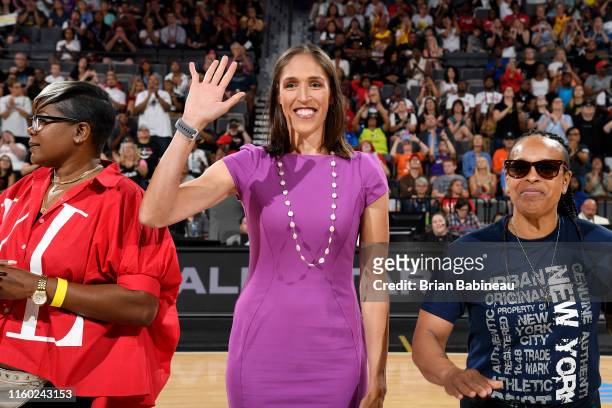 Legend Rebecca Lobo waves to the crowd during the AT&T WNBA All-Star Game 2019 on July 27, 2019 at the Mandalay Bay Events Center in Las Vegas,...
