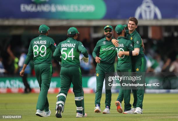 Shaheen Afridi of Pakistan celebrates after taking the wicket of Mustafizur Rahman of Bangladesh during the Group Stage match of the ICC Cricket...