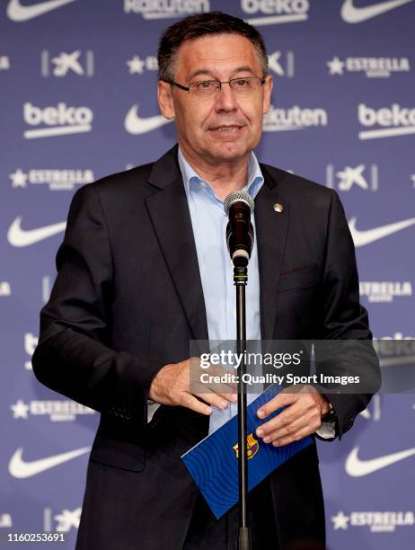 Josep Maria Bartomeu president of FC Barcelona speaks during the interview of Frenkie De Jong at Camp Nou during his unveiling on July 05, 2019 in...