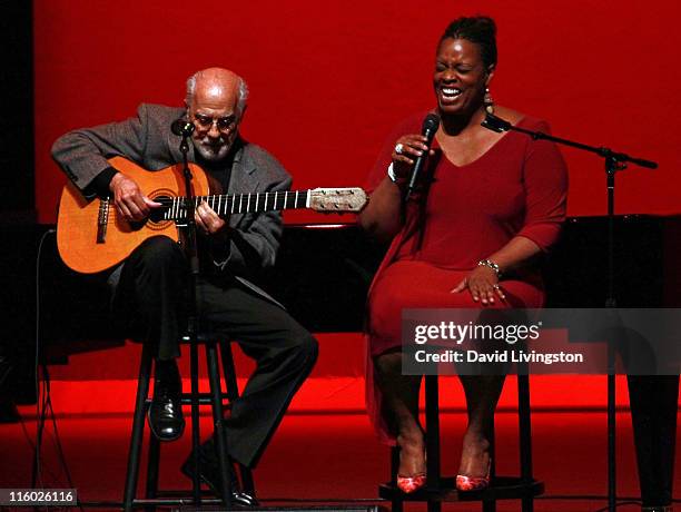 Composer Oscar Castro-Neves and recording artist Dianne Reeves perform on stage at "The Songs of Our Lives: Volume IV" concert to benefit the...