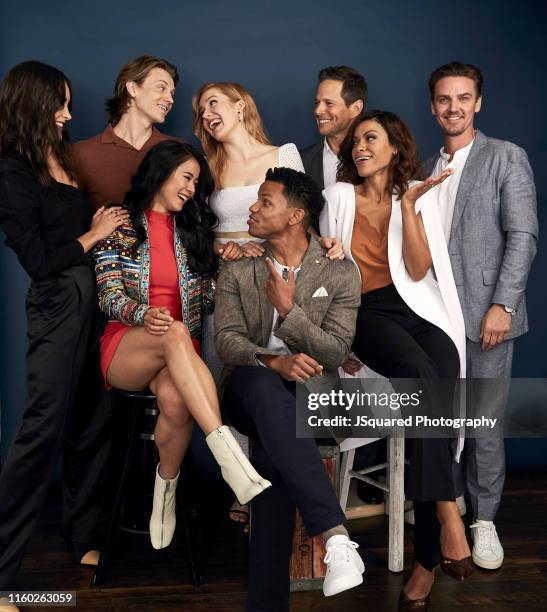 Actors Maddison Jaizani, Alex Saxon, Kennedy McMann, Scott Wolf, Riley Smith Leah Lewis, Tunji Kasim, and Alvina August of The CW's 'Nancy Drew' pose...