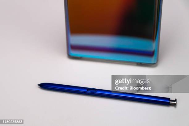Samsung Electronics Co. Galaxy Note 10 S-Pen stylus is displayed for a photograph ahead of the Samsung Unpacked product launch event in New York,...