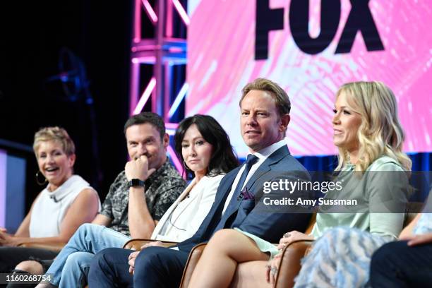 Gabrielle Carteris, Brian Austin Green, Shannen Doherty, Ian Ziering and Jennie Garth of BH 90210 speak during the Fox segment of the 2019 Summer TCA...
