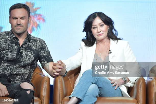 Brian Austin Green and Shannen Doherty of BH 90210 speak during the Fox segment of the 2019 Summer TCA Press Tour at The Beverly Hilton Hotel on...