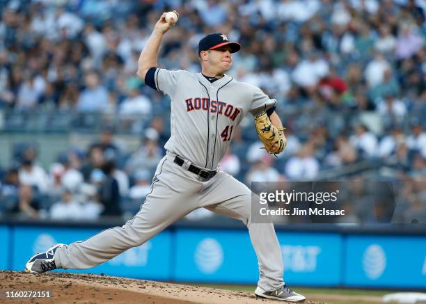 Brad Peacock of the Houston Astros in action against the New York Yankees at Yankee Stadium on June 21, 2019 in New York City. The Yankees defeated...