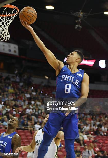 Zhaire Smith of the Philadelphia 76ers drives to the basket against the Milwaukee Bucks during the 2019 NBA Summer League at the Thomas & Mack Center...