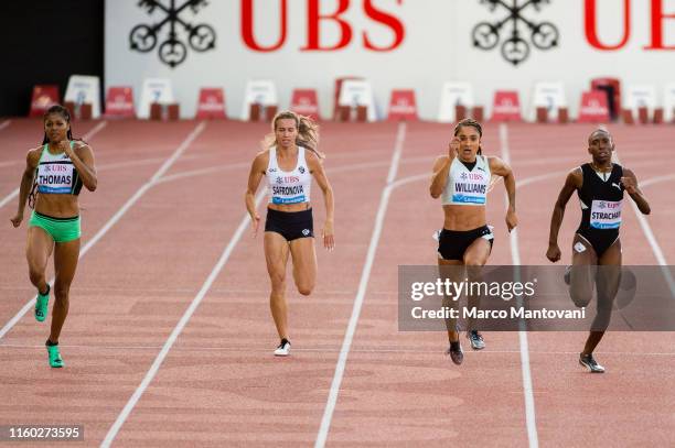 Gabrielle Thomas, Olga Safronova, Jodie Williams and Anthonique Strachan compete in women's 200m on July 05, 2019 in Lausanne, Switzerland.