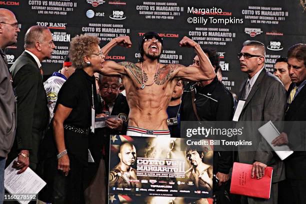 December 2: MANDATORY CREDIT Bill Tompkins/Getty Images Antonio Margarito weighs-in in preparation for his Welter-weight fight against Miguel Cotto....