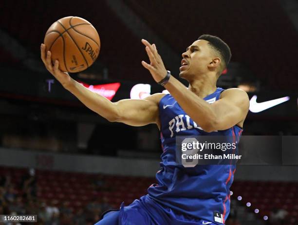 Zhaire Smith of the Philadelphia 76ers drives to the basket against the Milwaukee Bucks during the 2019 NBA Summer League at the Thomas & Mack Center...