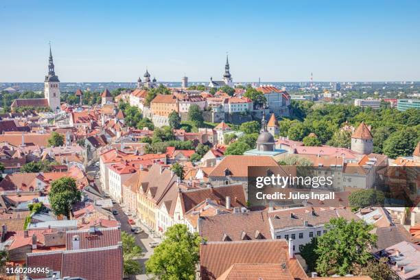 high view of the old town of tallinn, estonia - town wall tallinn stock pictures, royalty-free photos & images