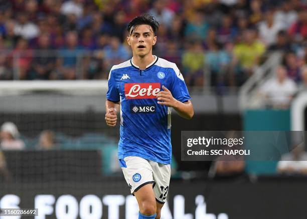 Eljif Elmas of Napoli in action during the pre-season friendly match between FC Barcelona and SSC Napoli at Hard Rock Stadium on August 7, 2019 in...