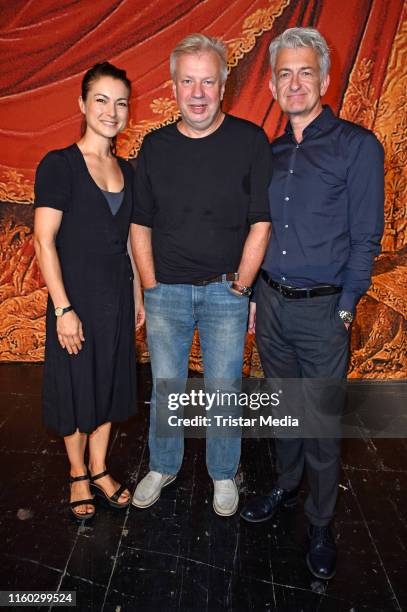 Henriette Richter-Roehl, Tobias Wellemyer and Dominic Raacke attend the Schiller-Theater repertoire 2019/2020 prress conference on August 8, 2019 in...