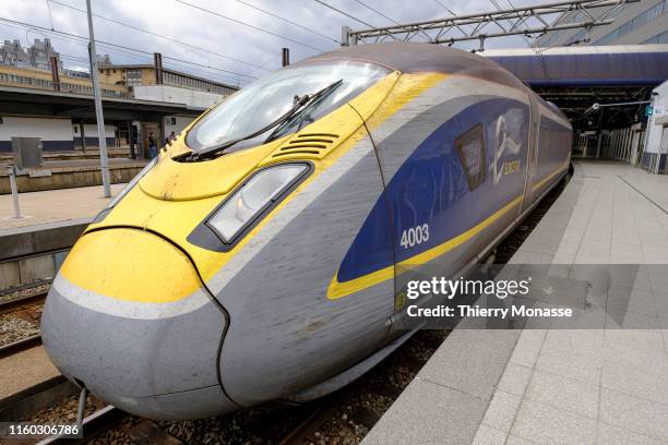 An Eurostar train is leaving the Brussels-South railway station to Amsterdam on August 7; 2019. Eurostar International Ltd is a Franco-British...